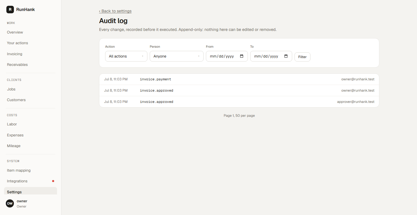 Audit trail in RunHank, showing the demo company (/settings/audit)