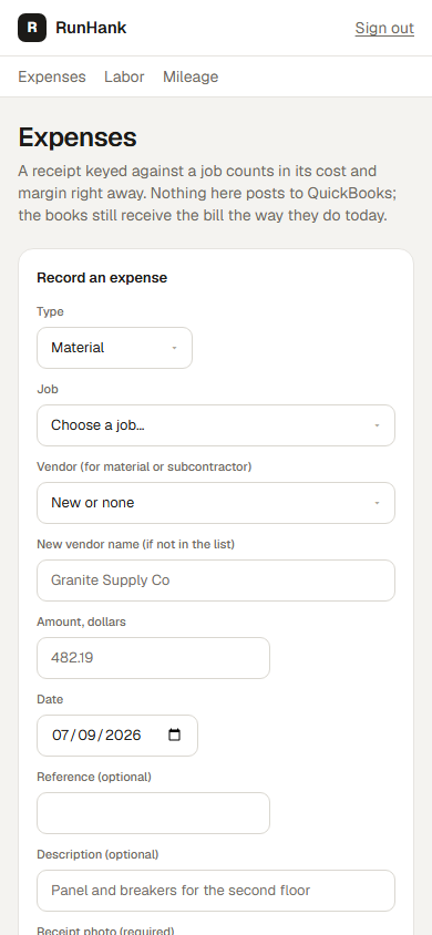 Cost capture in RunHank, showing the demo company (/expenses)