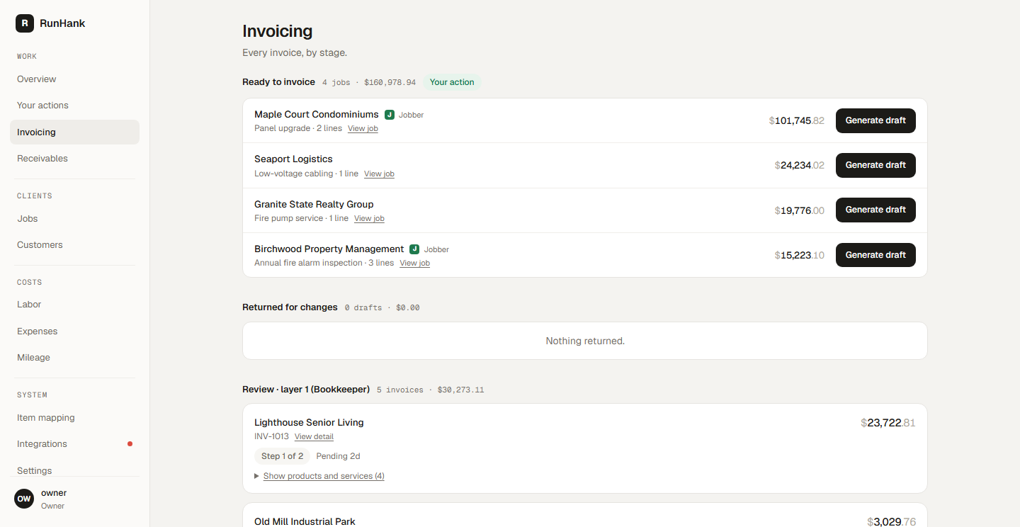 Sent for you in RunHank, showing the demo company (/invoices)