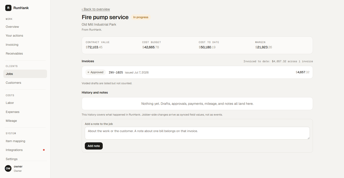 Job margin in RunHank, showing the demo company (/jobs/[id])